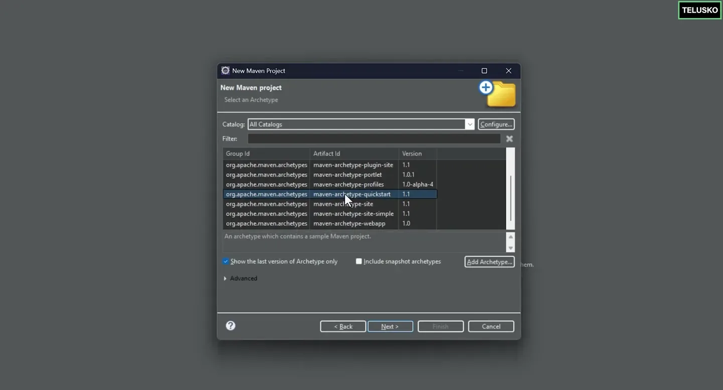 Eclipse New Maven Project wizard listing archetypes with maven-archetype-quickstart version 1.1 selected