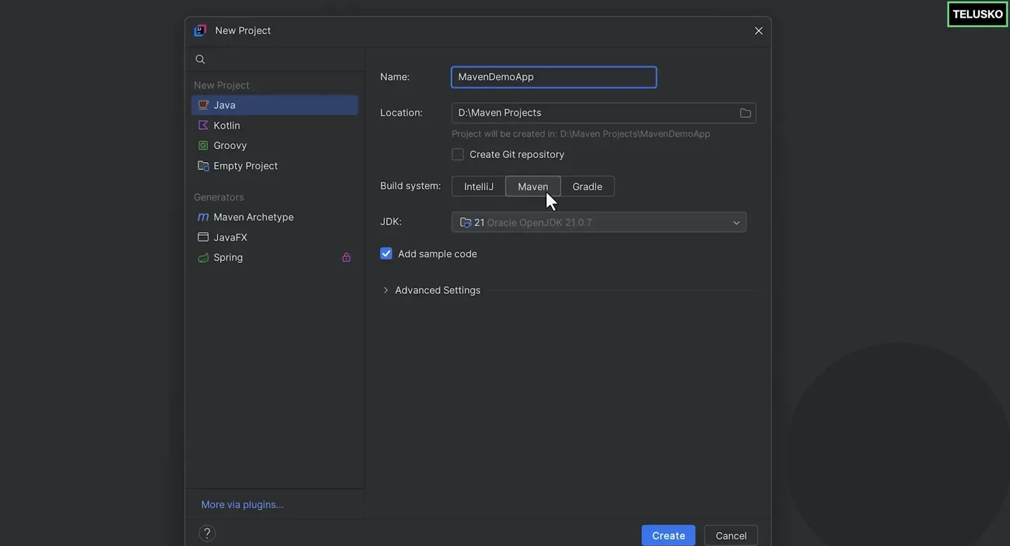 IntelliJ IDEA New Project dialog with name MavenDemoApp, location D:\Maven Projects, build system Maven selected and JDK 21
